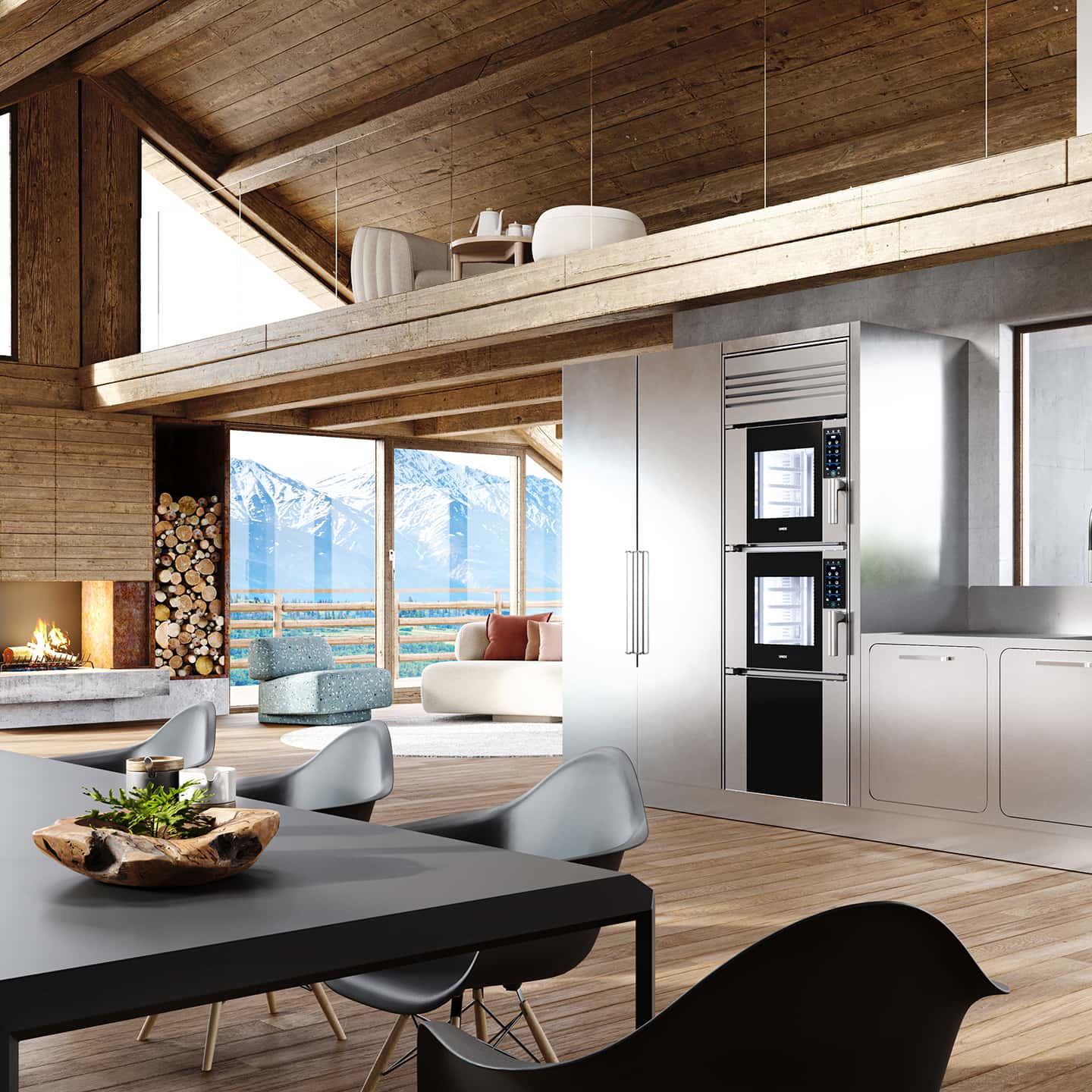 High-end luxury kitchen with Unox Casa's smart oven in a sophisticated interior design in Sankt Moritz